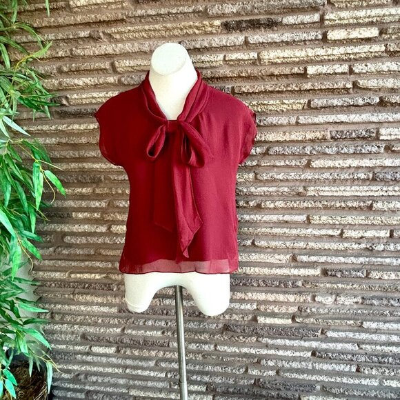 Citron Santa Monica 100% Silk Cranberry Red Blouse with Bow Tie Size Small - Picture 9 of 10